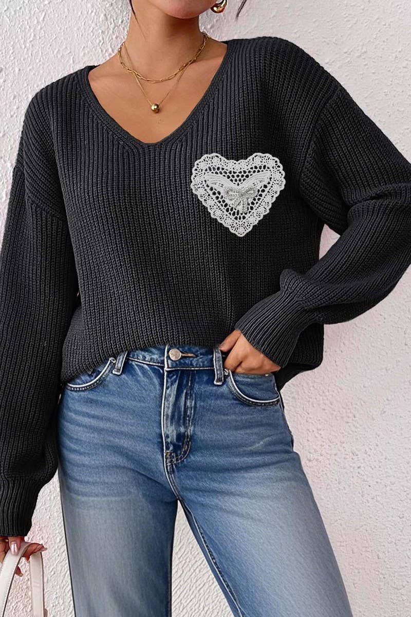 CWOSWL07339_WOMEN V NECK LACE BOW POCKET KNIT SWEATER