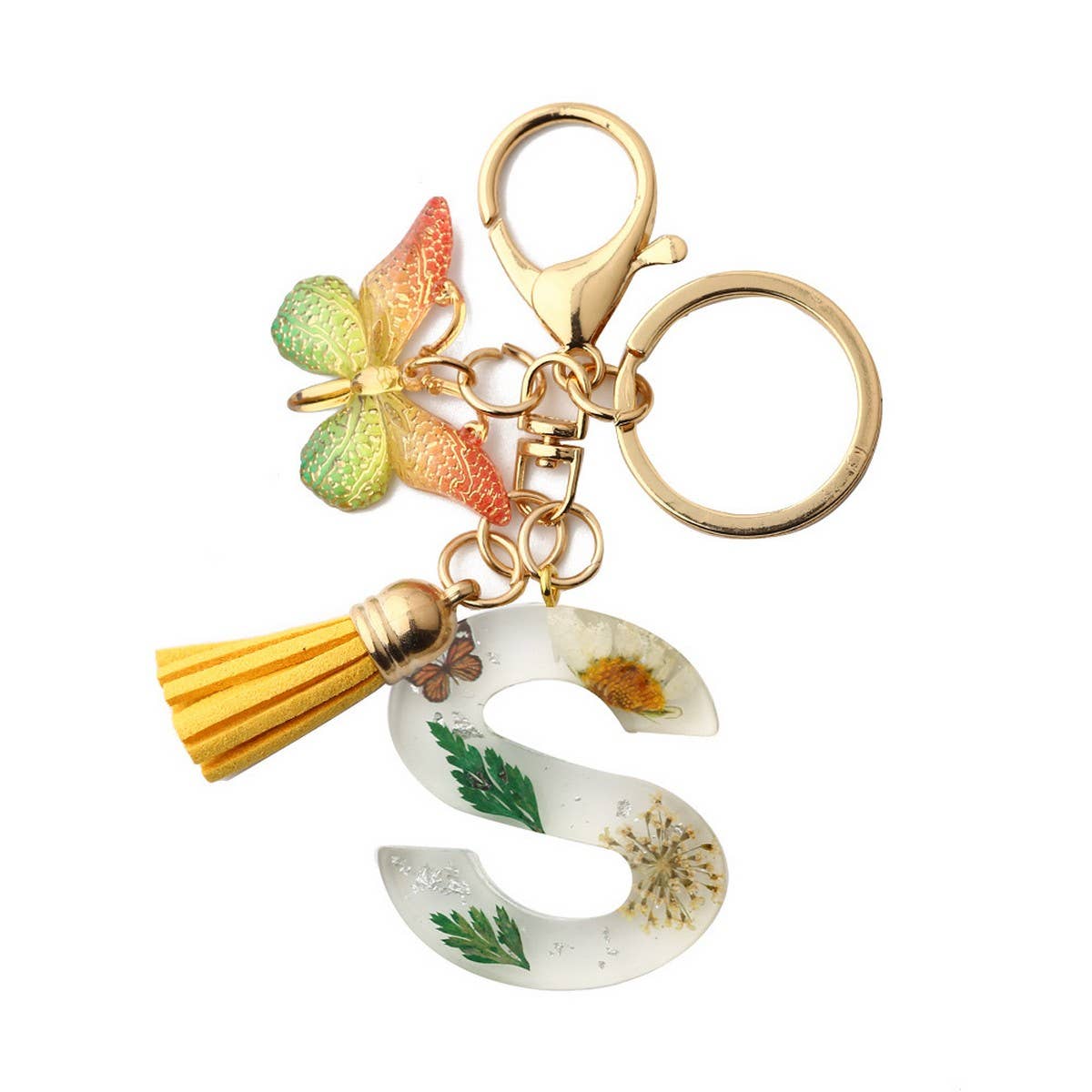 Flower Letter Keychain with Yellow Butterfly Charm_CWAB5090