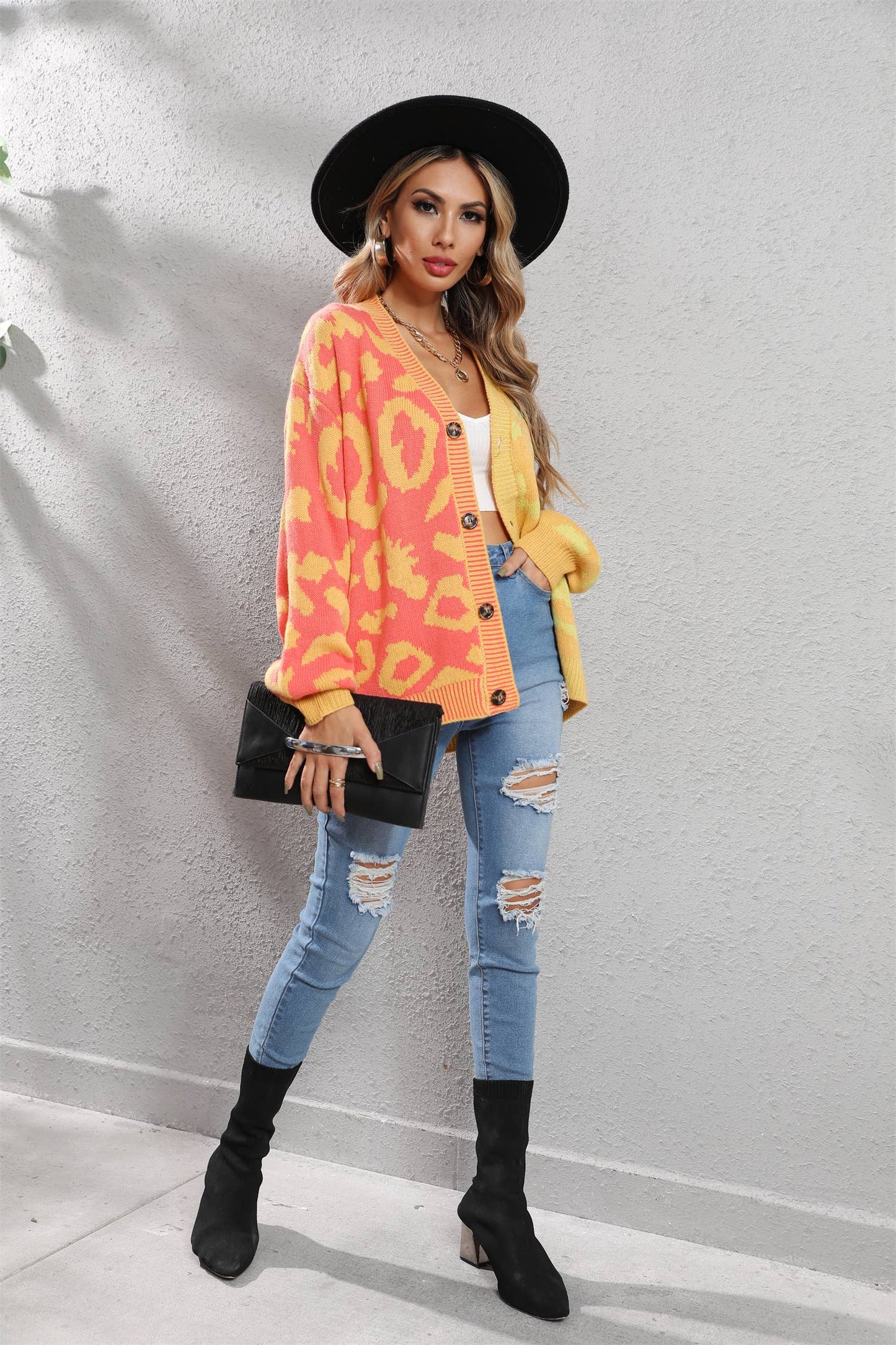 Printed Knit Single Breasted Leopard Knit Cardigan