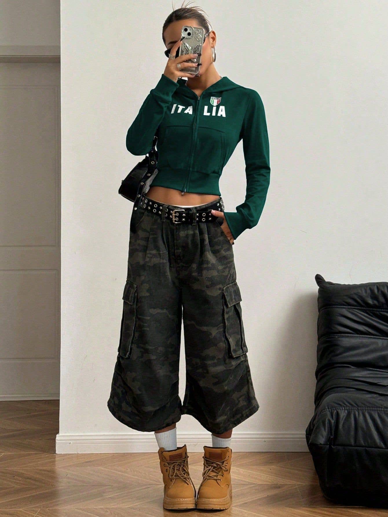 INS hooded zipper printed short hoodie jacket