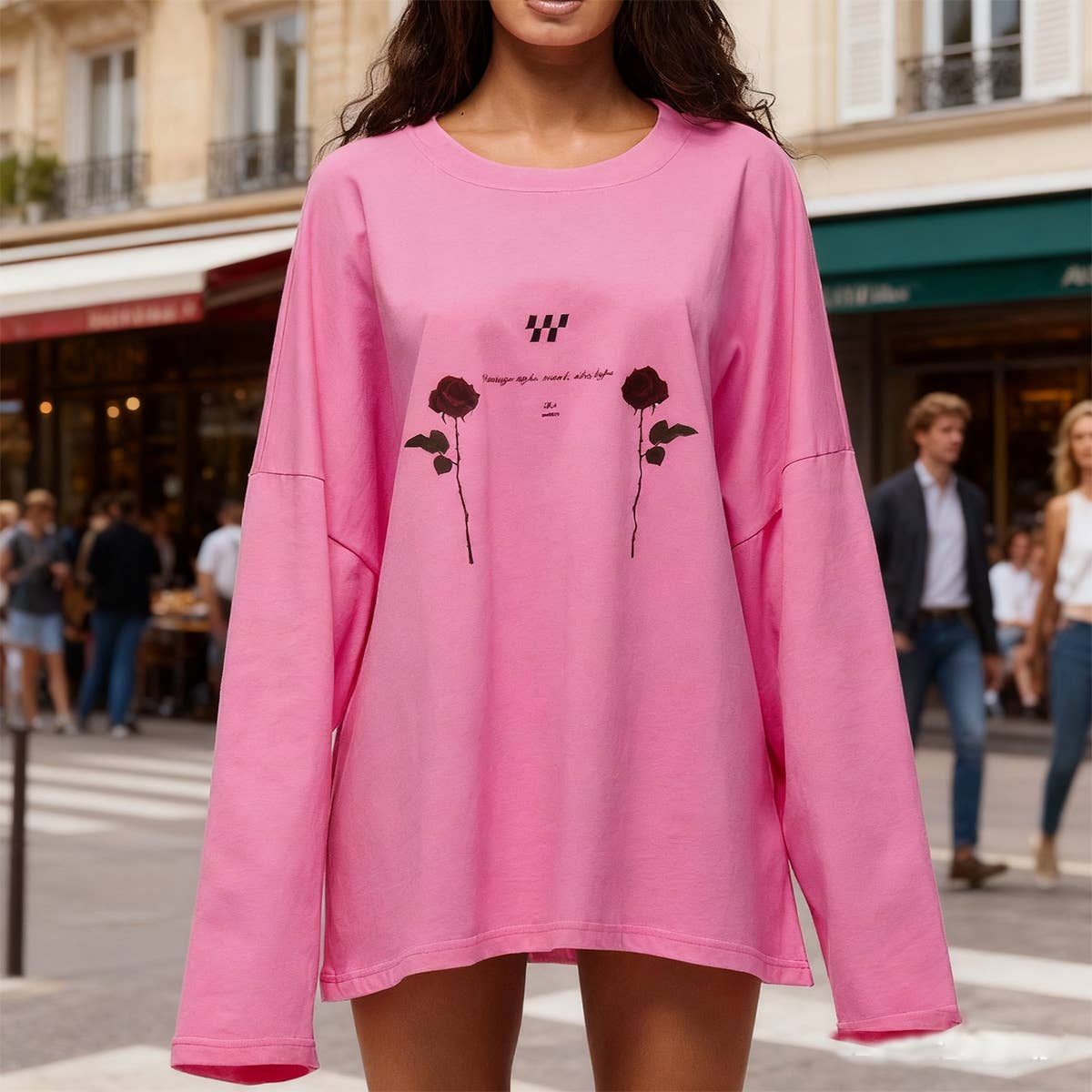 Round-neck rose printed long sleeve knit sweater