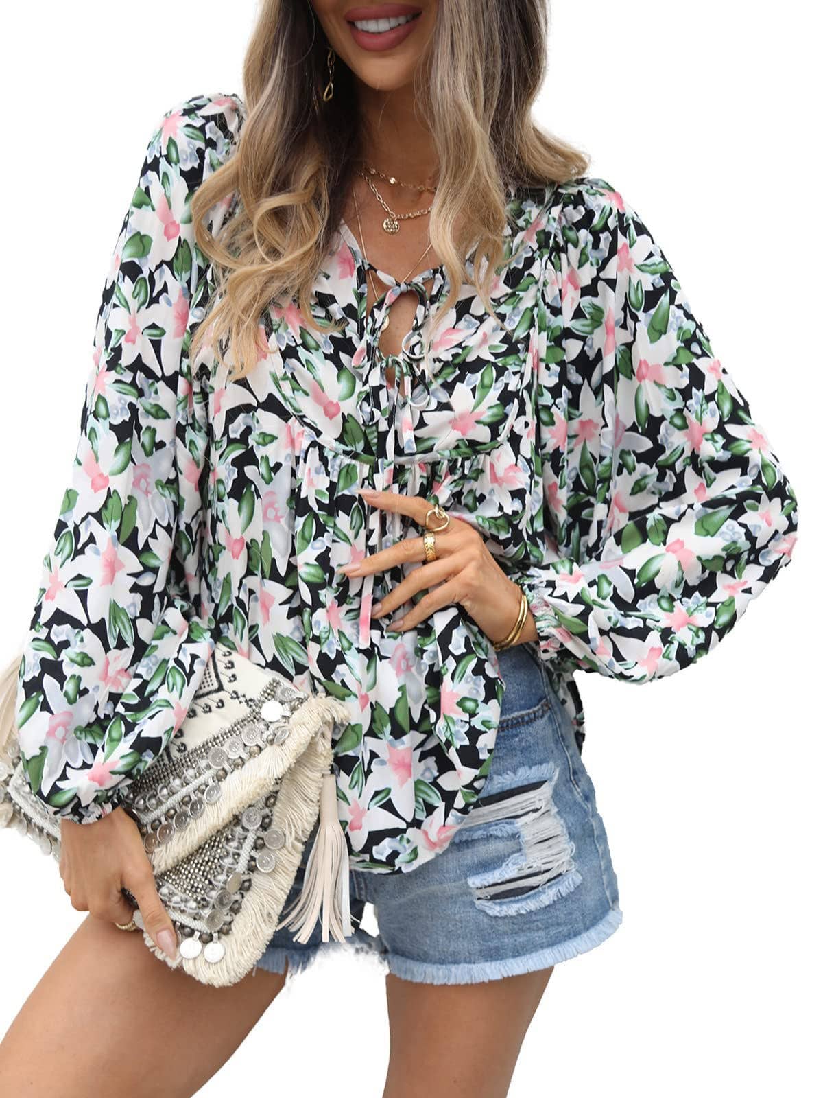 Lace-up printed loose shirt for women