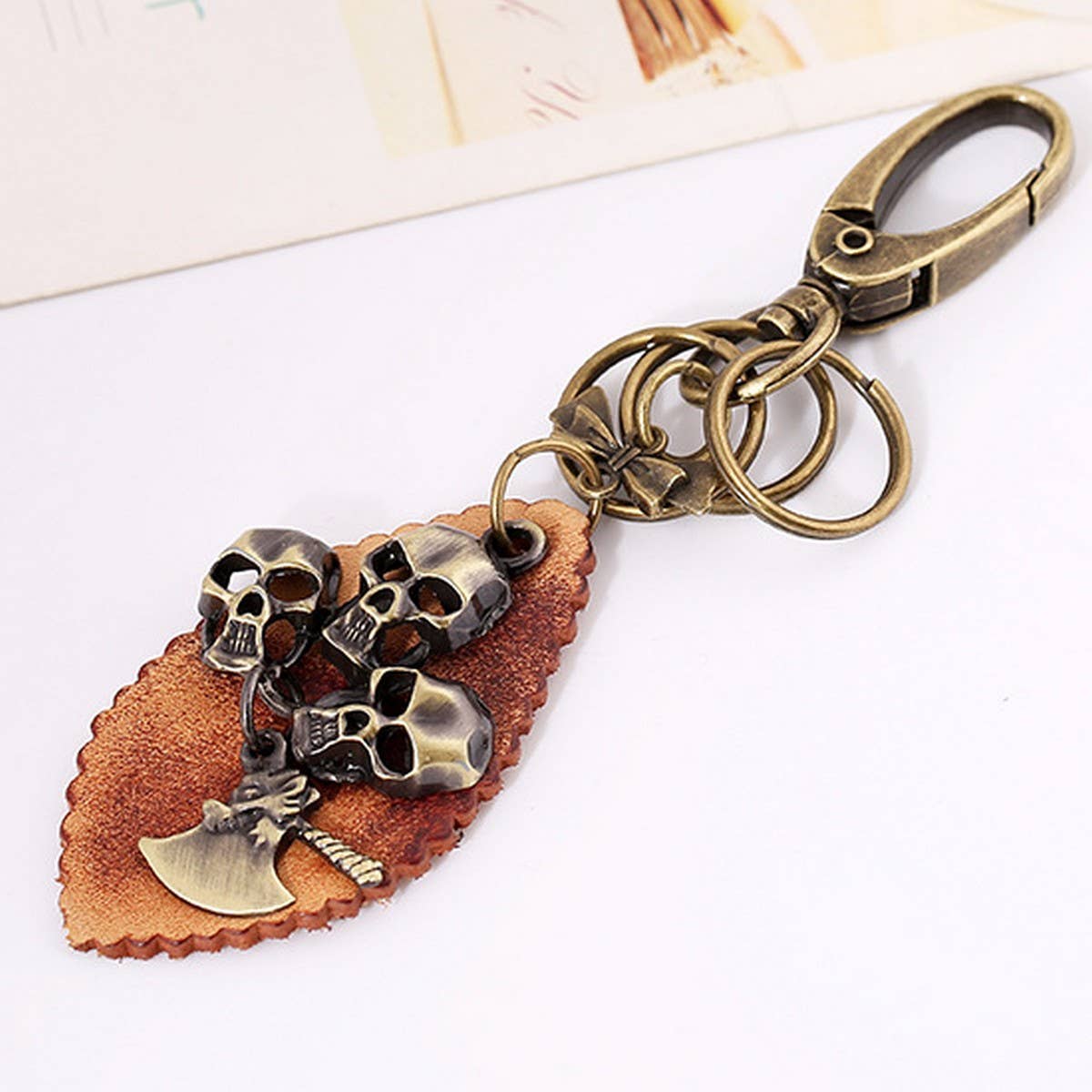 VINTAGE PUNK BRONZE SKULL LEATHER KEYCHAIN