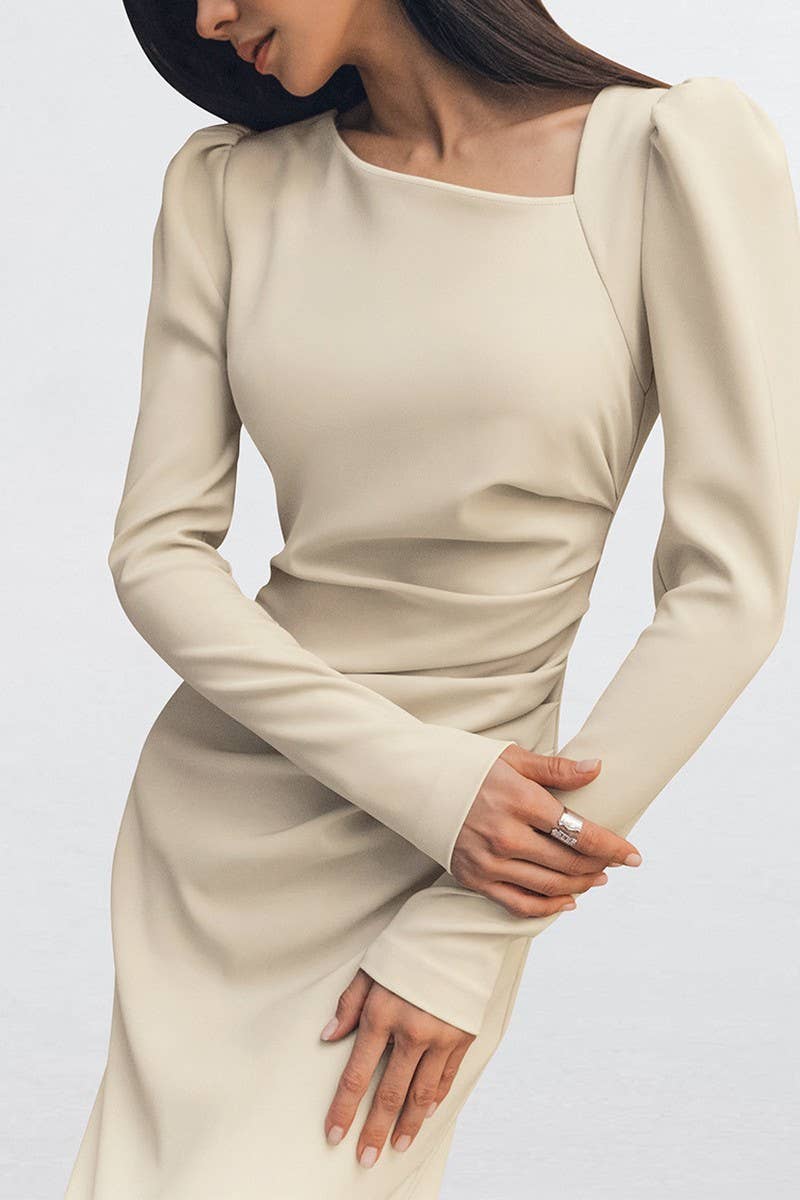CWDMD6113_ASYMMETRIC NECK PUFF SLEEVE BODYCON SLIT DRESS