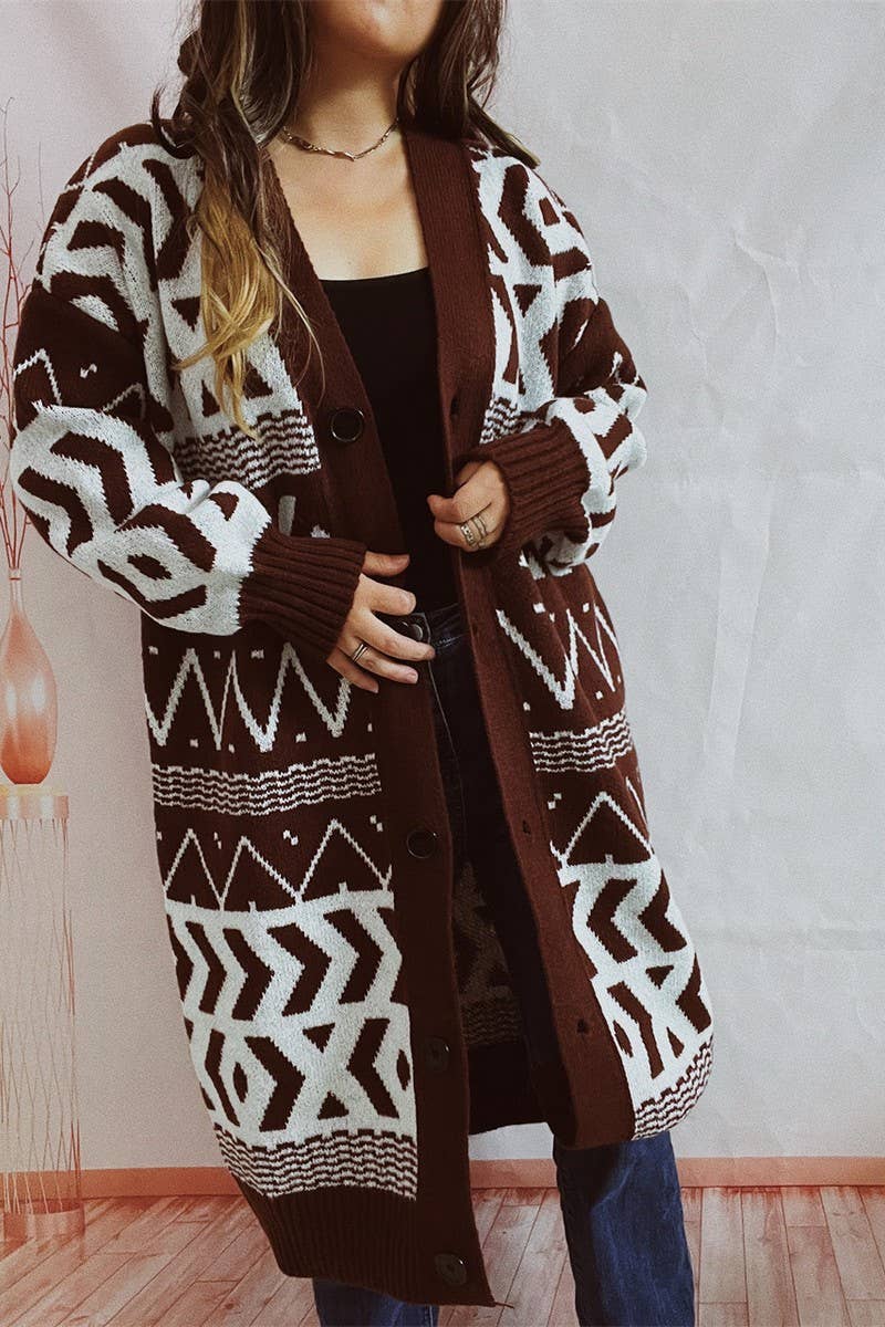 V-neck retro geometric long cardigan coat