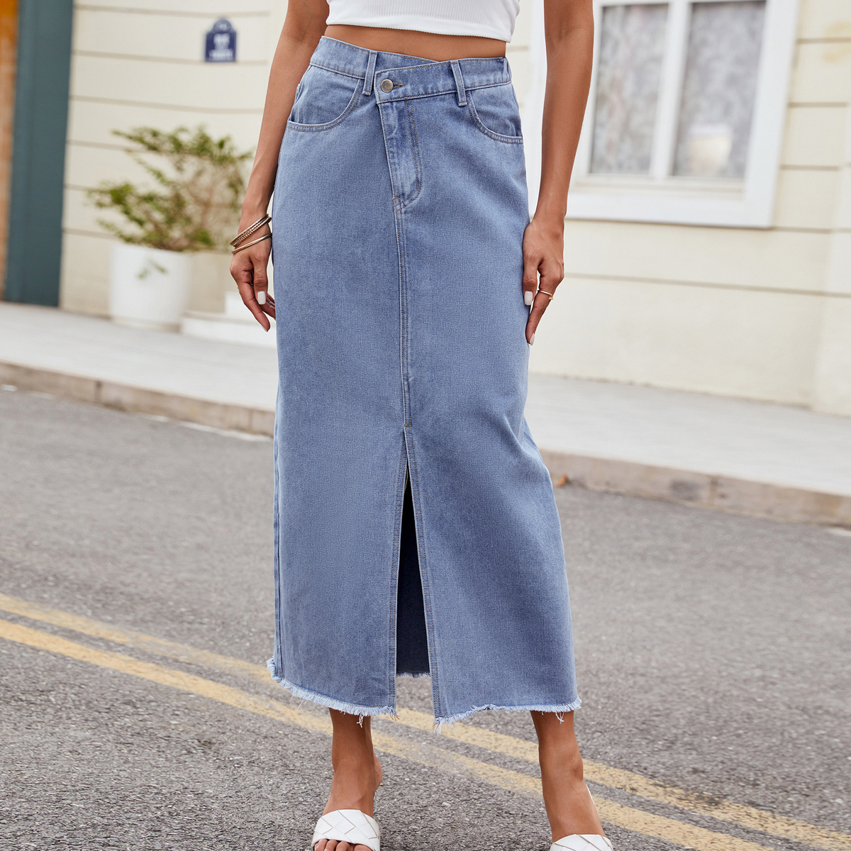 Women??¢s Washed Denim Maxi Skirt Asymmetrical_CWJSK0205