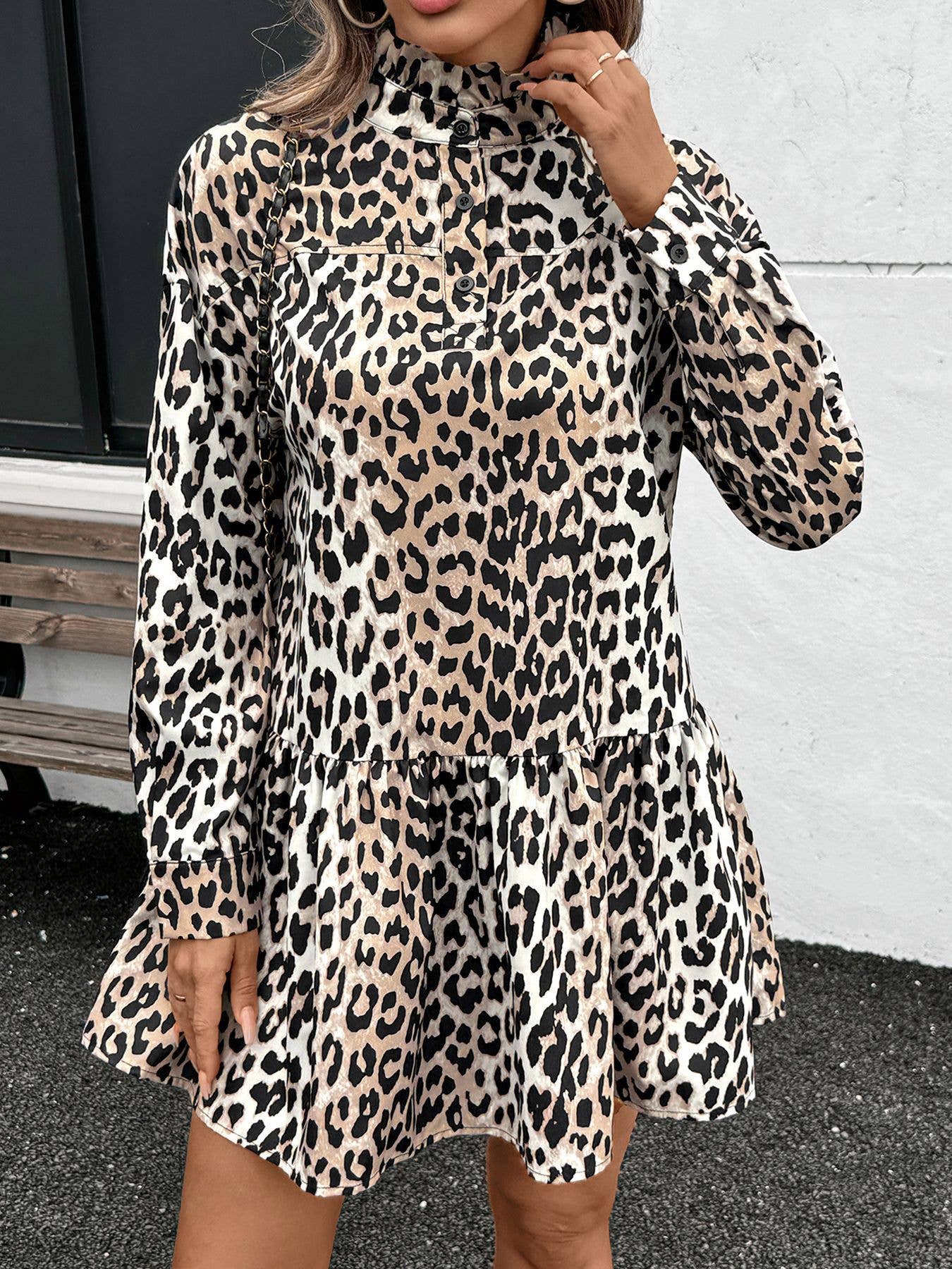 Retro leopard print stand-up collar A-line dress