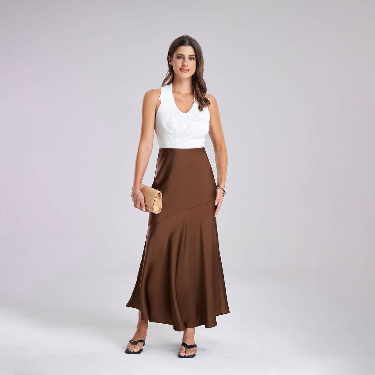 SATIN SKIRT HIGH WAIST STITCHING LONG SKIRT