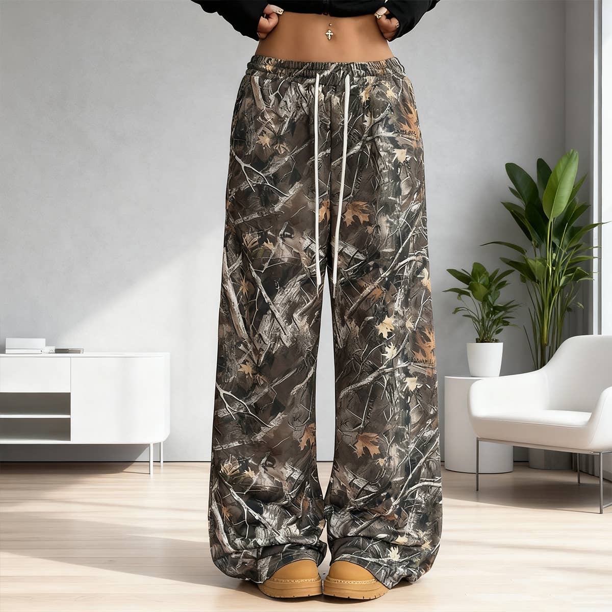 Waisted camouflage printed wide-leg pants
