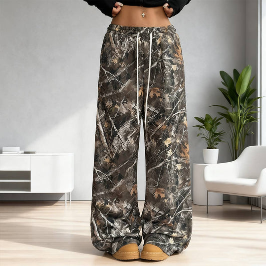 Waisted camouflage printed wide-leg pants