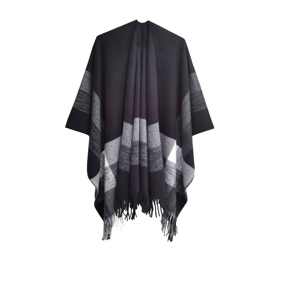 MONOCHROME STRIPED TASSEL WARM SHAWL CLOAK