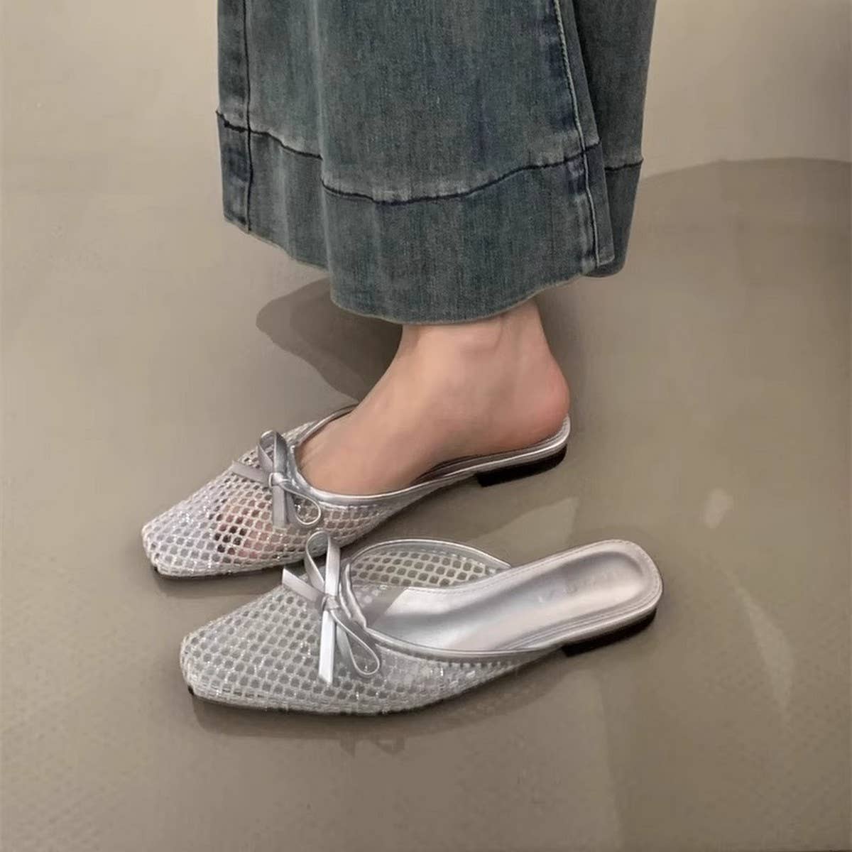 Mesh Bow Knit Mules Flat Ballet Slip-On Shoes