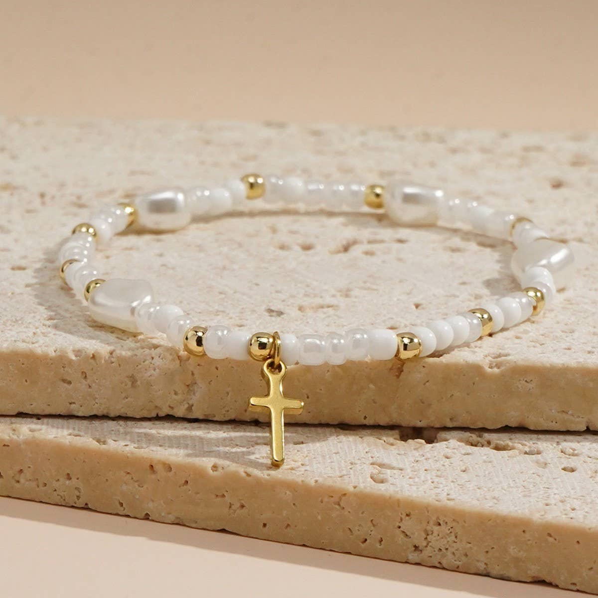 IMITATION PEARL CROSS RICE BEAD BRACELET