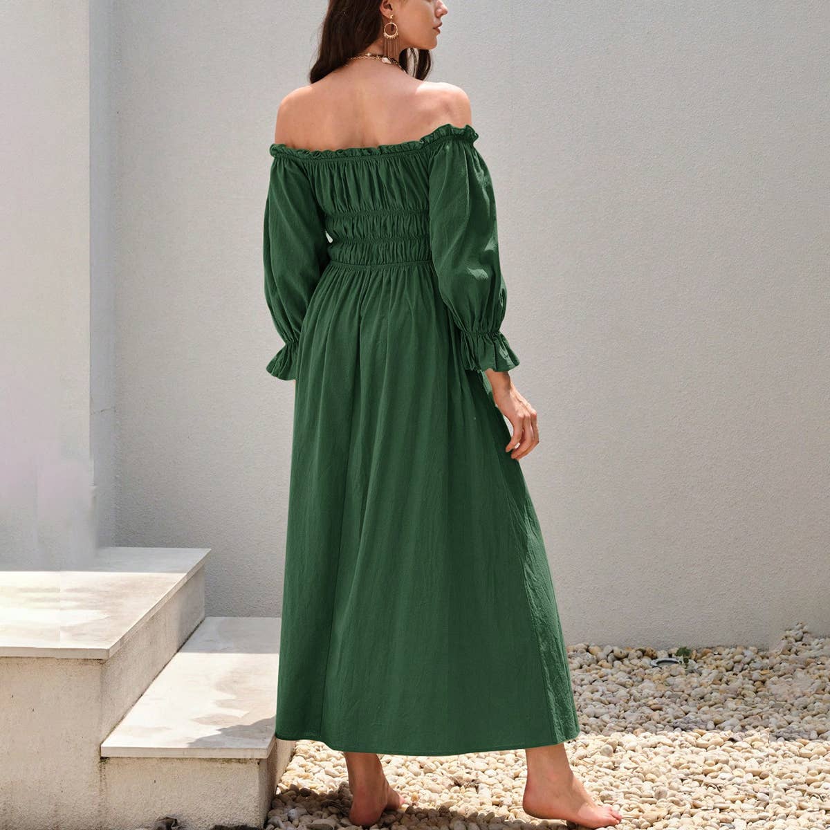 ONE SHOULDER LANTERN LONG SLEEVED MAXI DRESS_CWDMD1410