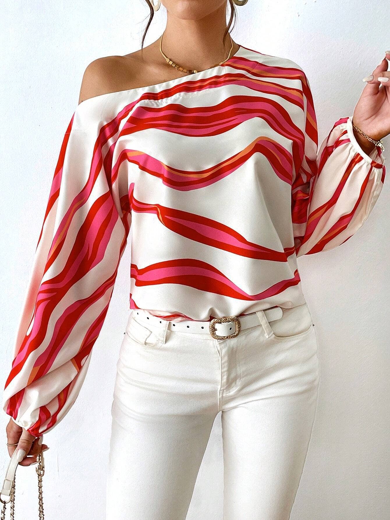 TEMPERAMENT OFF-THE-SHOULDER PRINT COLLAR SHIRT