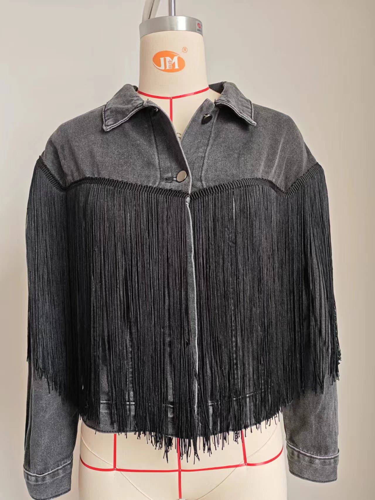 WASHED LONG SLEEVE DENIM JACKET WITH FRINGE