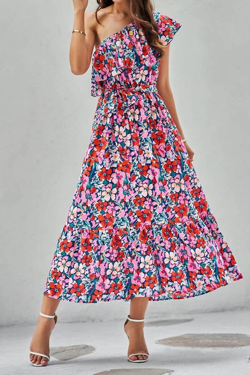 CWDMD4123_ONE-SHOULDER PRINTED TIE-NECK RUFFLE DRESS