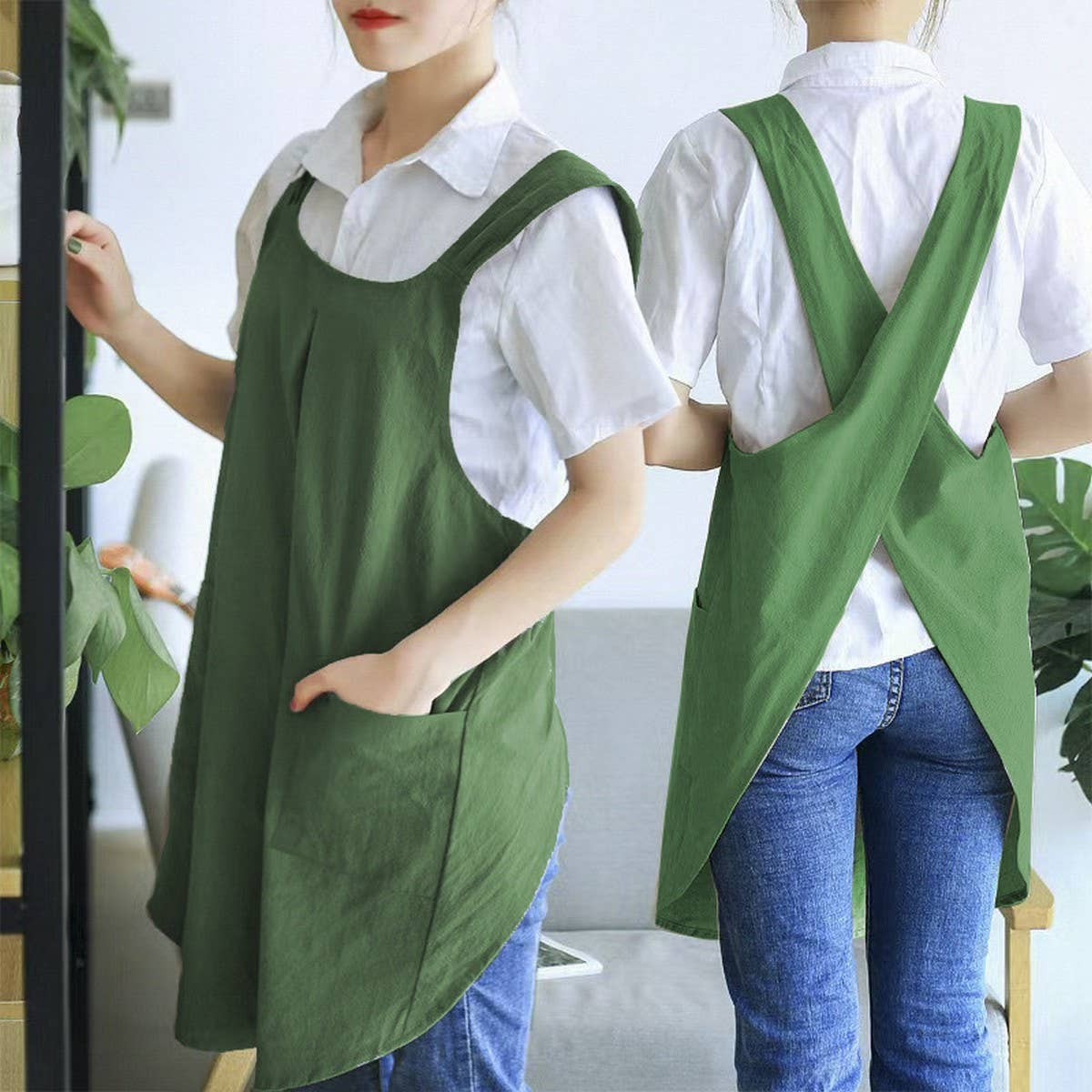 CWAB3993_COTTON AND LINEN SOLID COLOR TIE-FREE WORK APRON