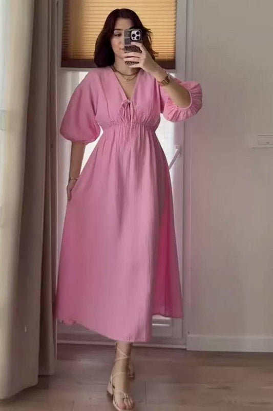 CWDMD5840_V-NECK PUFF SLEEVE SLIM FIT A-LINE DRESS