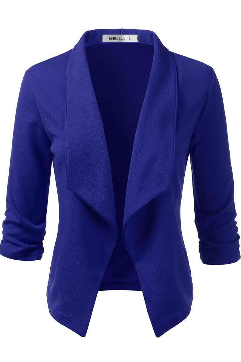 CWOBL091_Casual Work Ruched 3/4 Slv Open Front Blazer Jacket