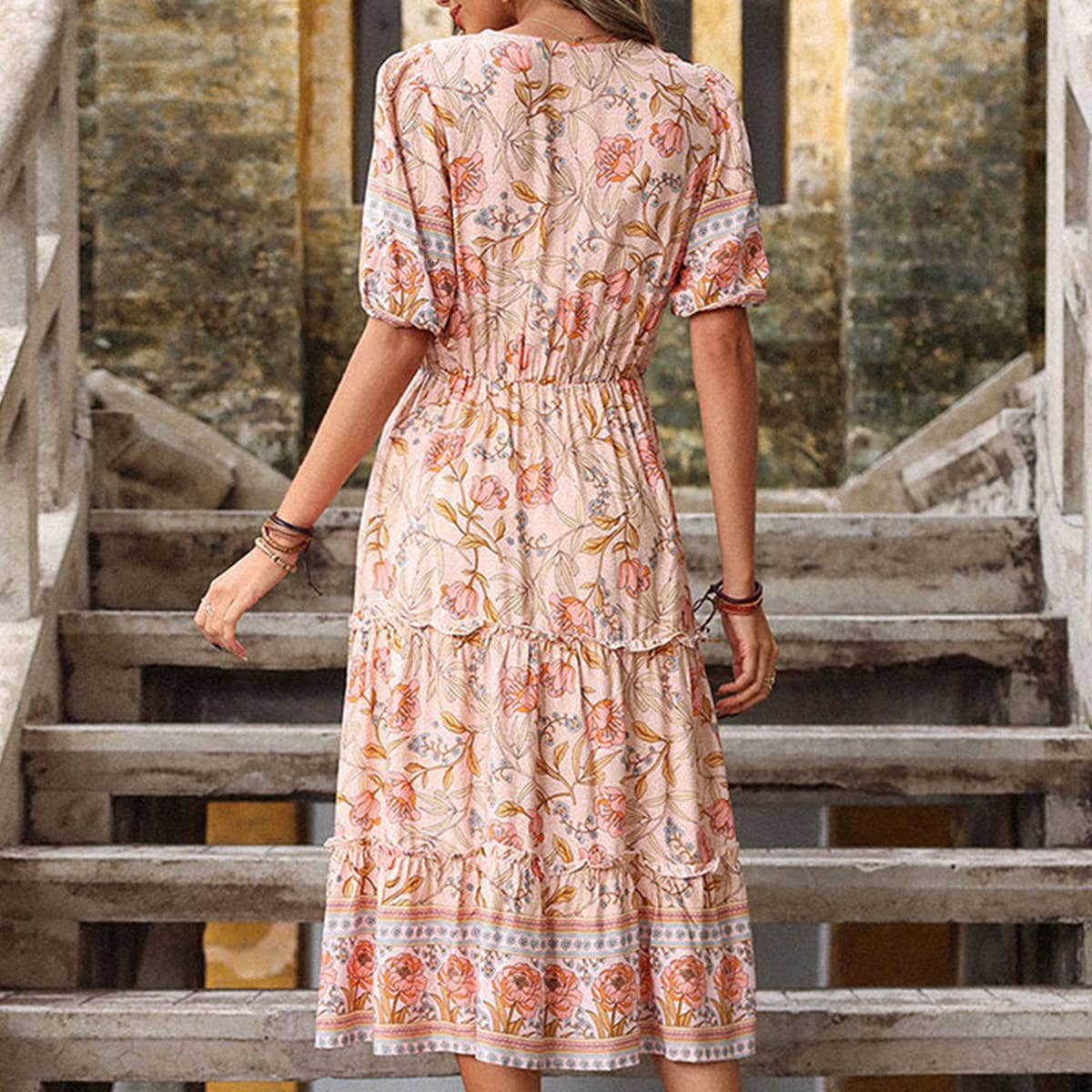 Mushroom edge printed V neck dress_CWDMD1507