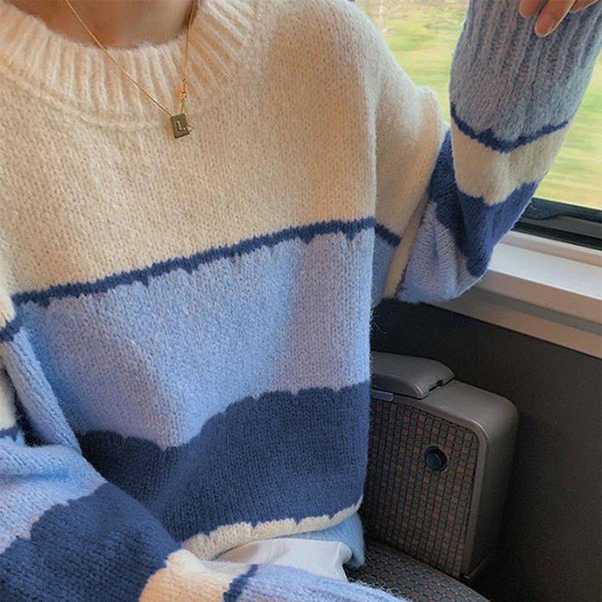 Striped slouchy casual all-in-one knit sweater