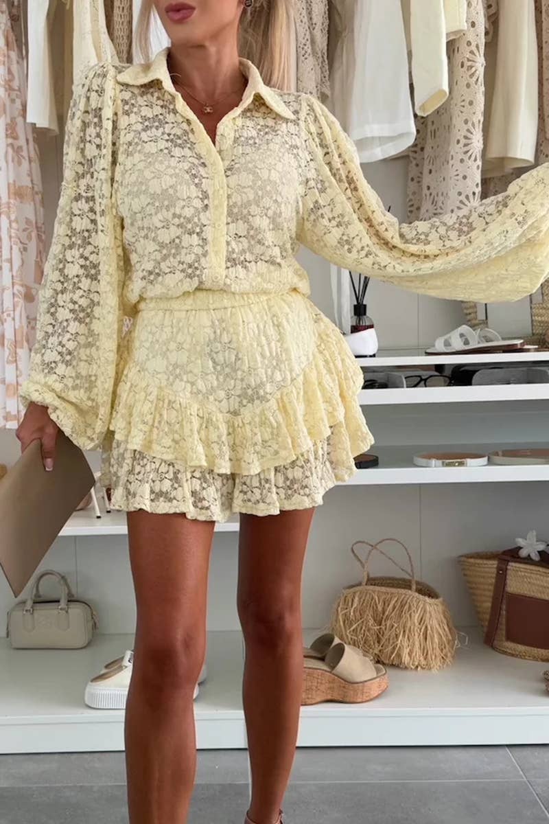 CWDSD8043_SUMMER TEMPERAMENT LAPEL SHIRT RUFFLED SKIRT