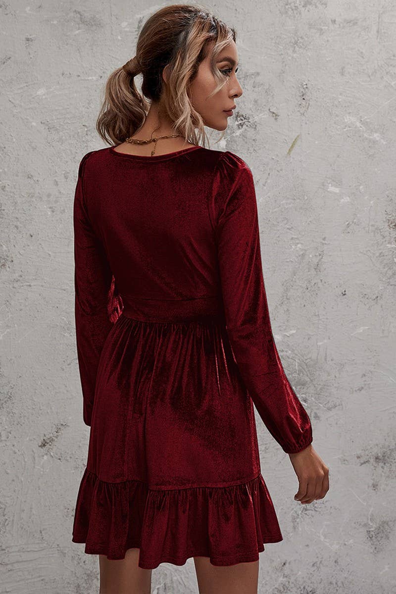 CWDSD6474_DEEP V NECK PUFF SLEEVE VELVET RUFFLE DRESS