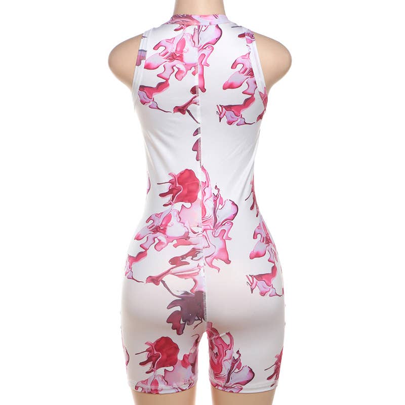 VINTAGE PRINT ZIPPER DESIGN SLEEVELESS BODYSUIT