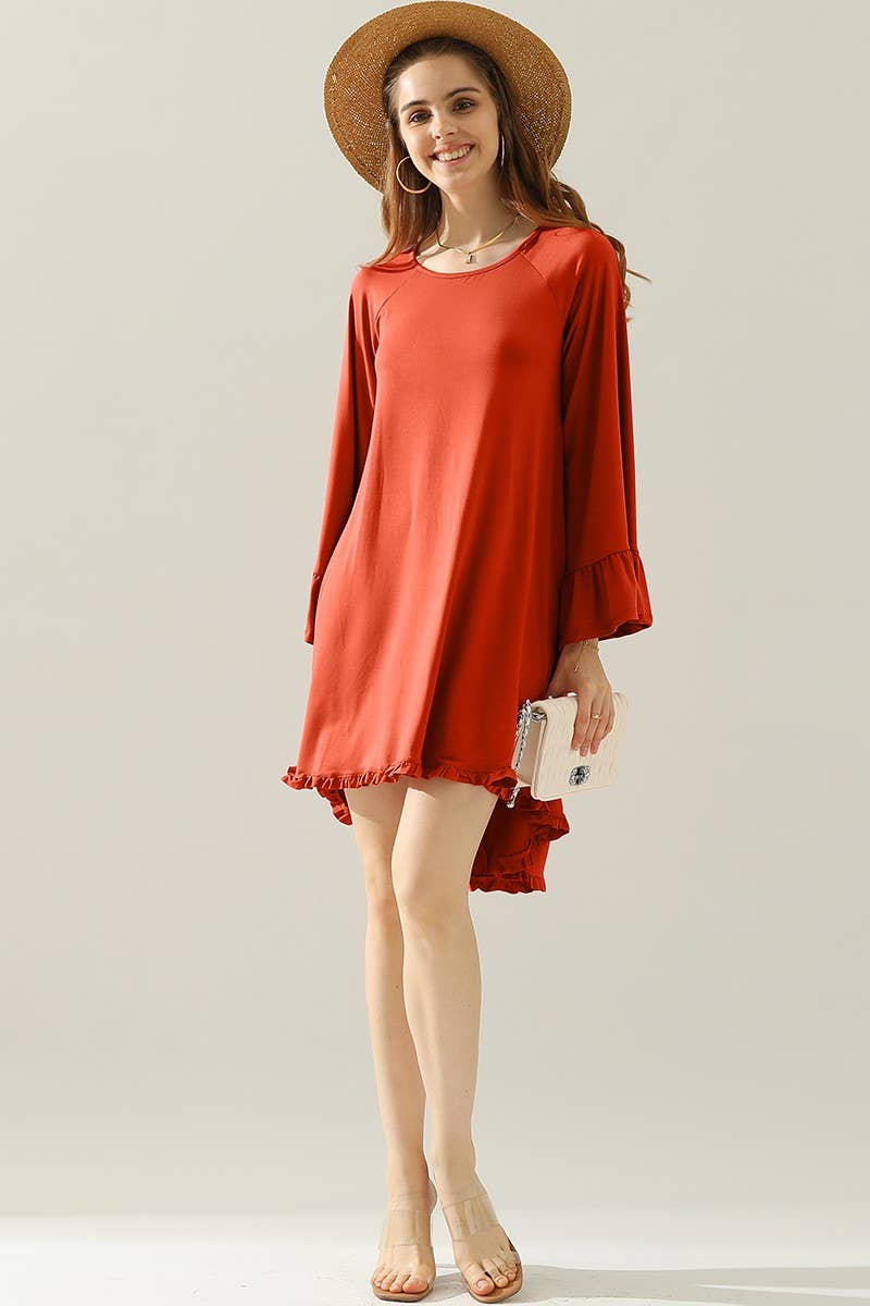 CWDSD10406_RUFFLE DETAIL LONG SLEEVE DRESS WITH SIDE POCKET