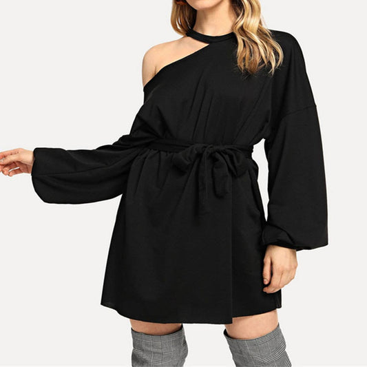 LACE-UP ROUND NECK SEXY SLANT SHOULDER DRESS