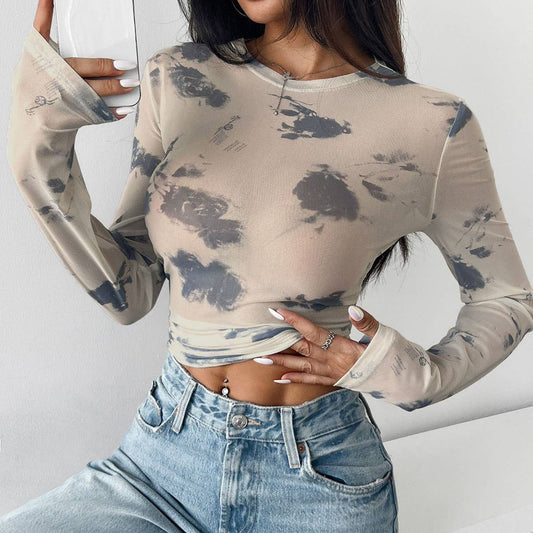 FLORAL PRINT MESH LONG-SLEEVE FITTED CROP TOP