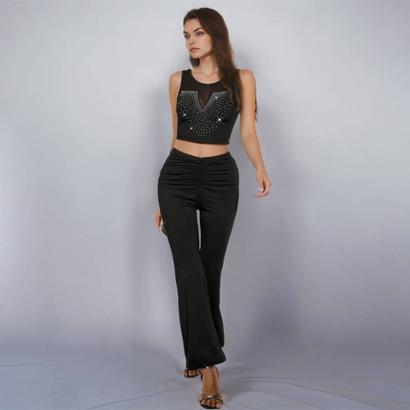 Sleeveless rhinestone top with flared pants set