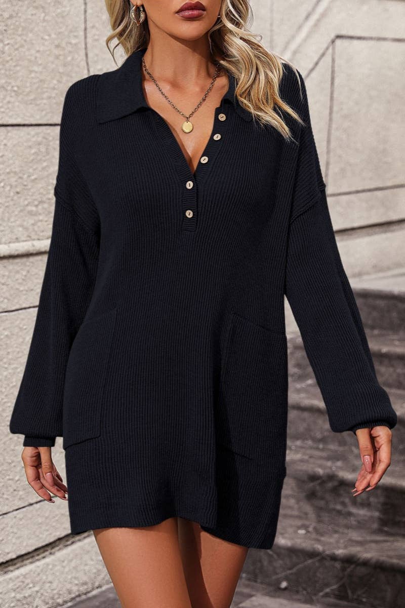 CWDSD6487_LAPEL BUTTON-DOWN LONG-SLEEVED SWEATER DRESS