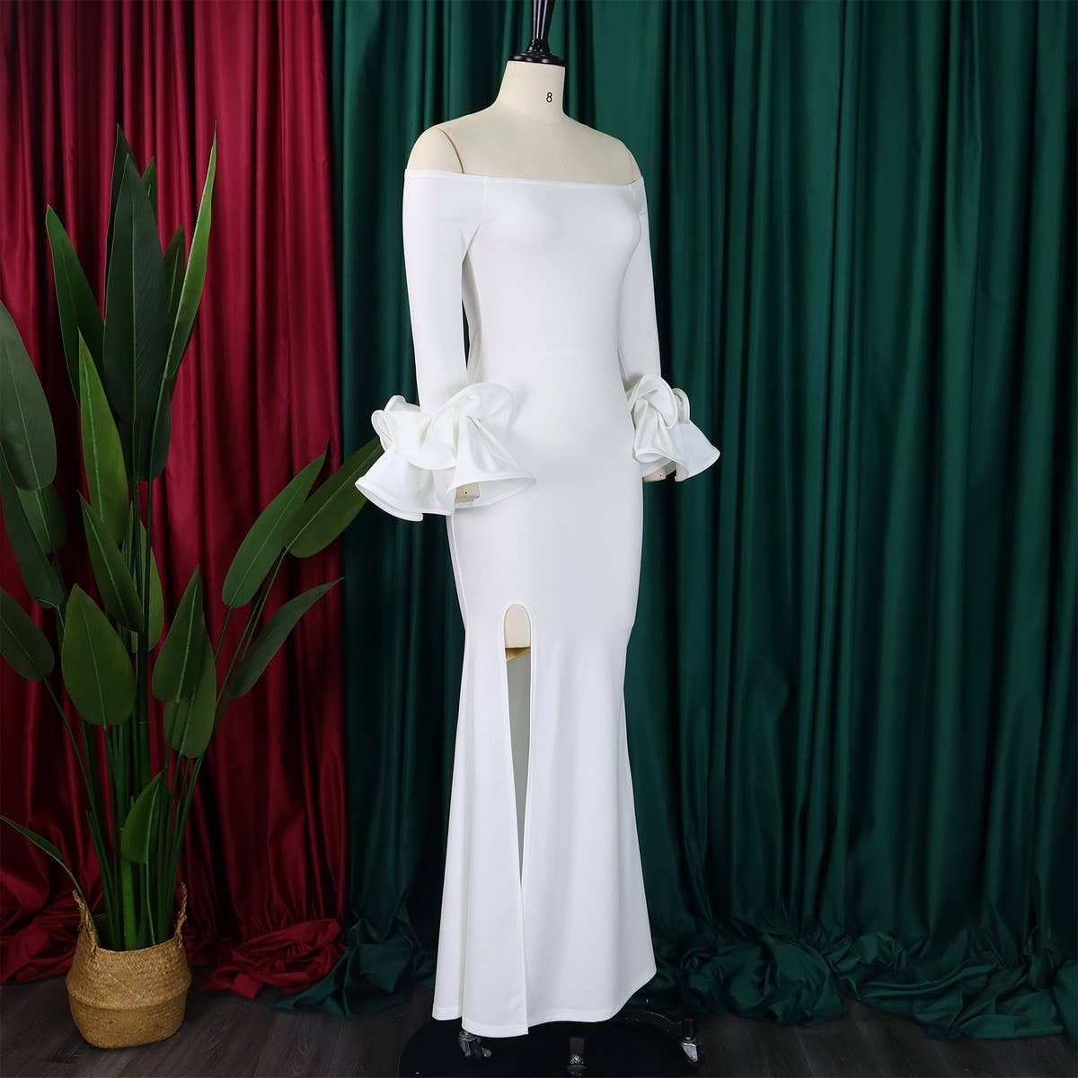 ONESHOULDER RUFFLE SLEEVE SLIMFIT DRESS WITH TRAIN_CWDMD3679