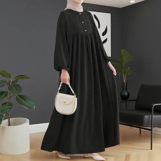 Fashion puffed-sleeve loose solid-color dress