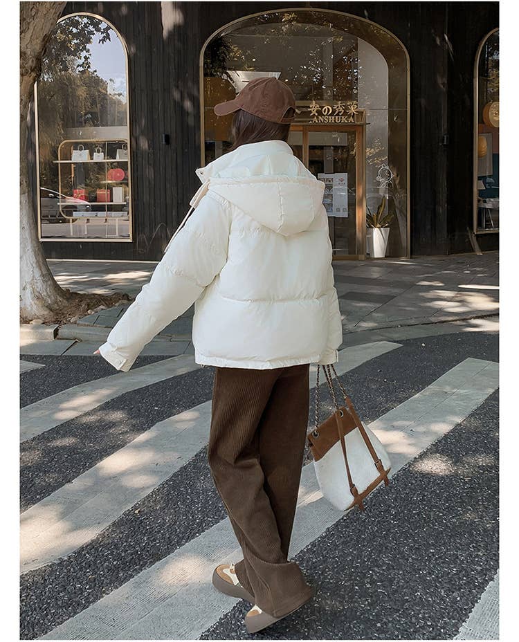 Hooded and textured short cotton-padded jacket