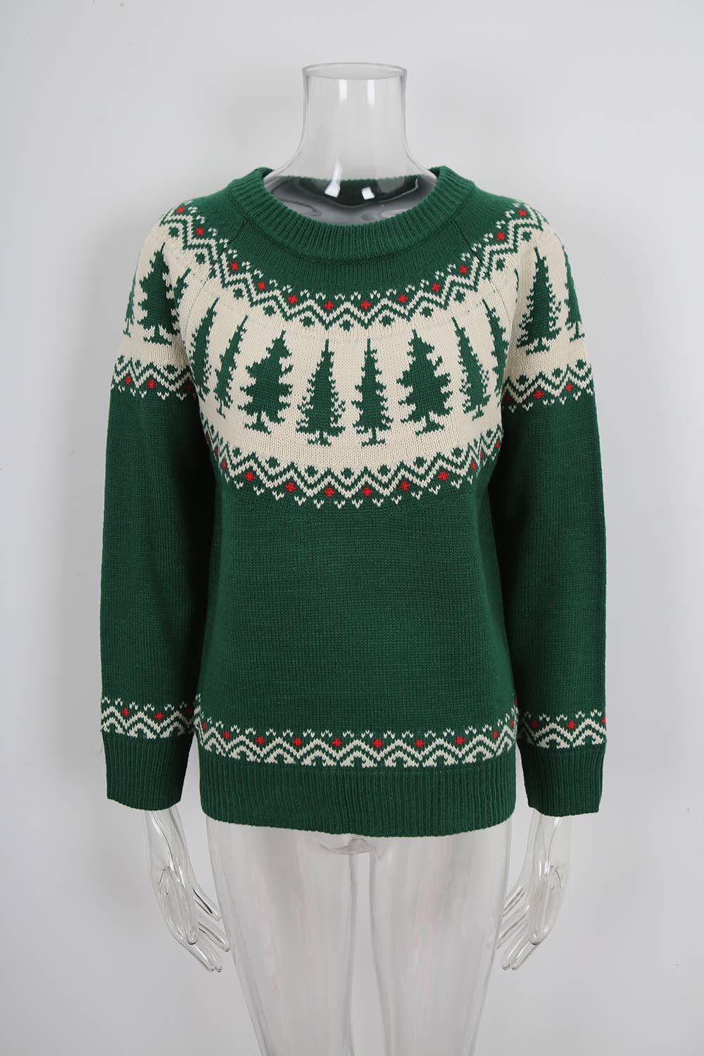 Round-neck jacquard Christmas tree green sweater