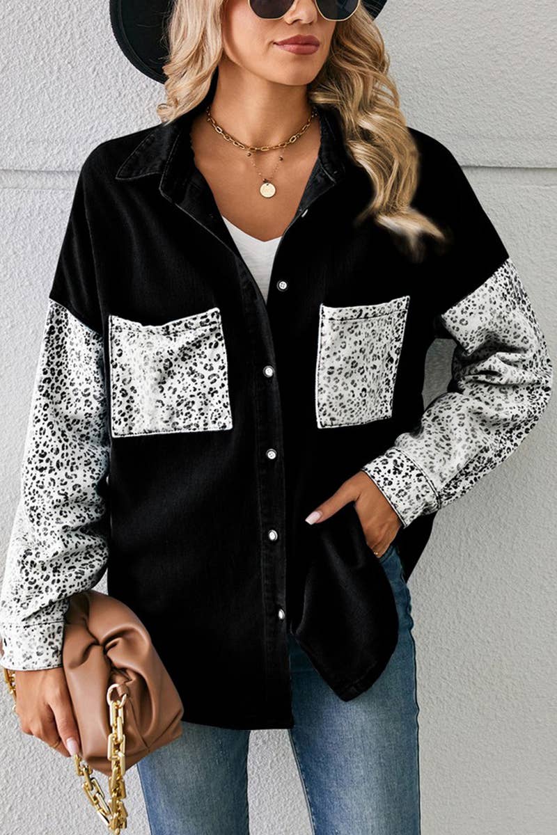 LEOPARD LONG SLEEVE PATCHWORK DENIM SHIRT CARDIGAN_CWJT0020