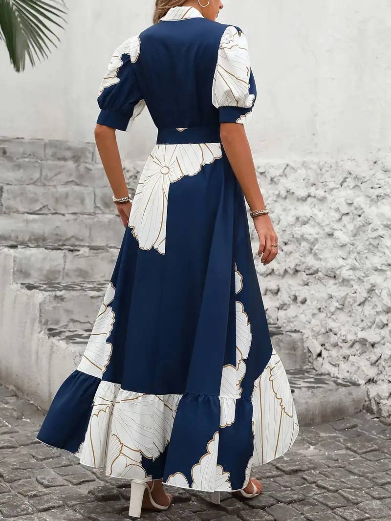 Irregularly print high-waisted shirt-style dress