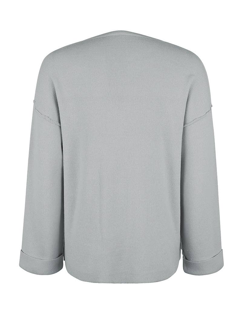 SOLID COLOR V-NECK PULLOVER ROLL SLEEVE SWEATER