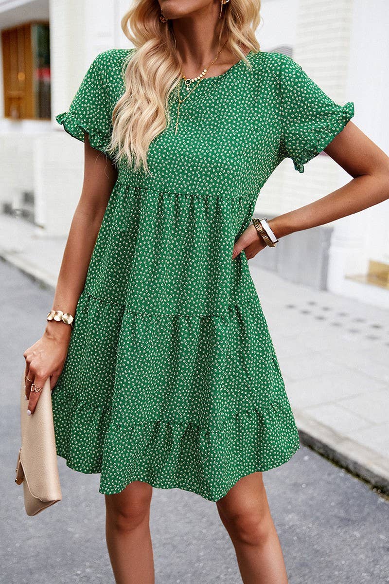 CWDSD2333_Round Neck Floral Ruffle Short Sleeve Dress