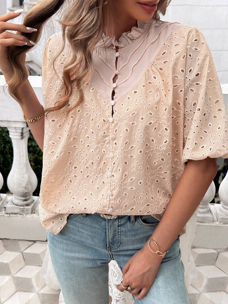 TEMPERAMENT PUFFED SLEEVE EMBROIDERED SHIRT