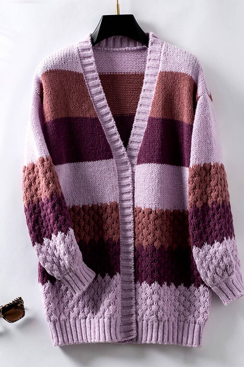 CWOCAL0834_CONTRAST COLOR STRIPED KNITTED CARDIGAN