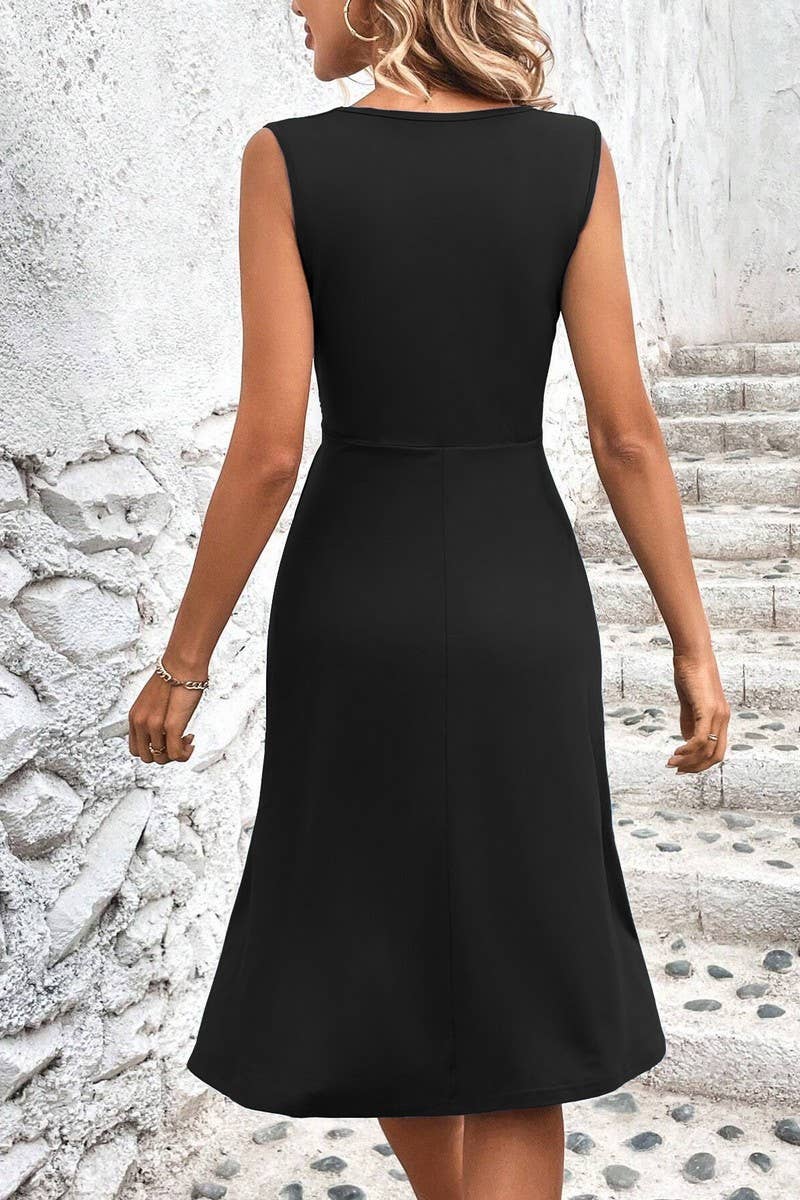 CWDMD4649_V-NECK WAIST CROSS PLEATED SLEEVELESS DRESS