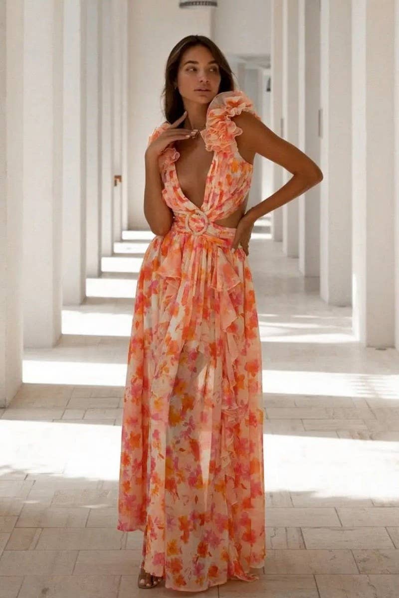 CWDMD5618_VACATION FLORAL CUTOUT DEEP V BACKLESS MAXI DRESS
