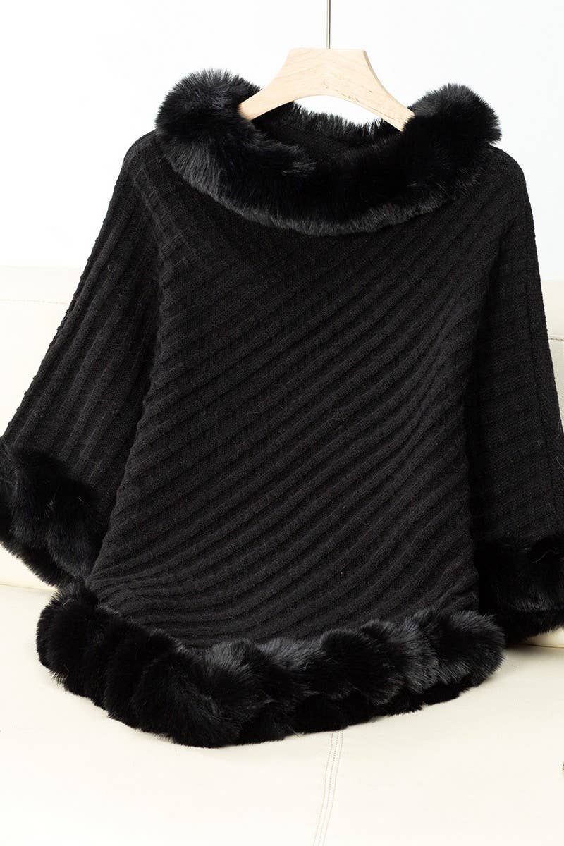 CWOCAS0045_THICK FUR COLLAR VINTAGE PLAID KNITTED CAPE SHAWL