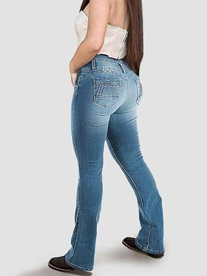 Three-button high-waisted flared stretch jeans