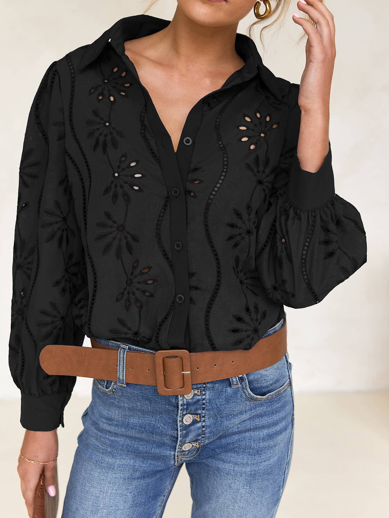 EMBROIDERED LOOPED LONG-SLEEVED LAPEL SHIRT