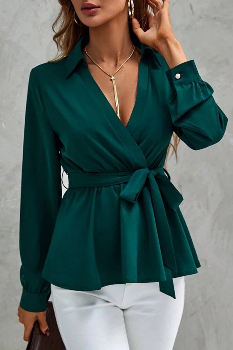 SOLID COLOR BELTED WRAP BELTED RUFFLED SHIRT